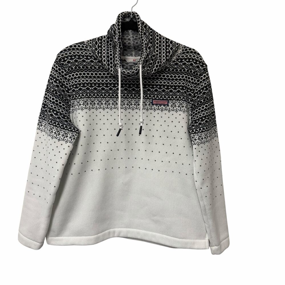 Vineyard Vines Drawstring Funnel Neck Fair Isle Pullover Black White Small Cozy